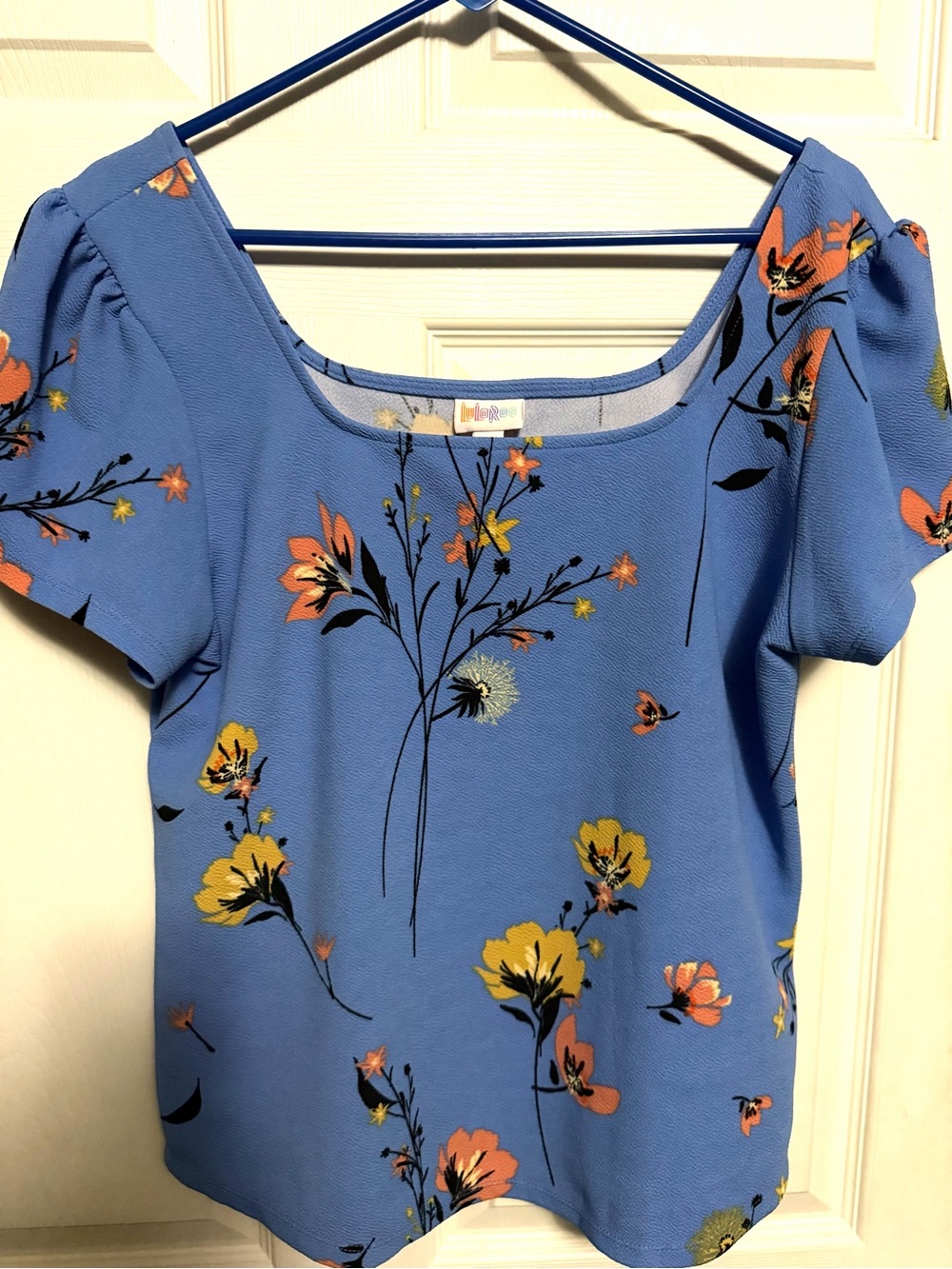 LuLaRoe Blue Floral Scoop Neck Blouse with Yellow & Orange Blooms